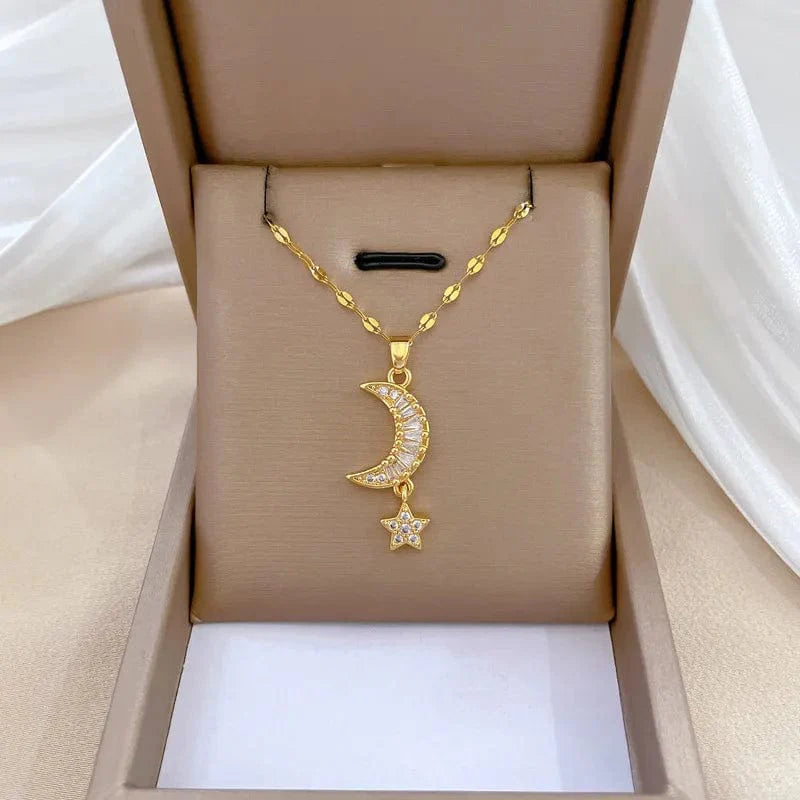 Showlu Star Moon Necklace with stainless steel snake chain, delicate lunar and star pendant, stylish clavicle jewelry.