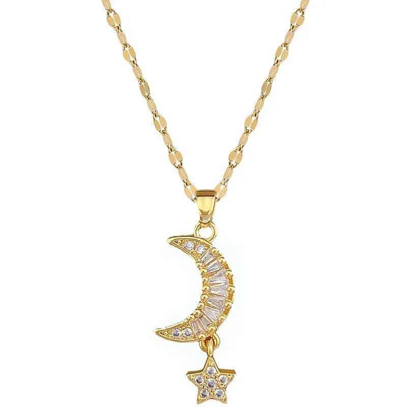 Showlu Star Moon necklace with stainless steel snake chain, elegant clavicle jewelry featuring a star and moon pendant.