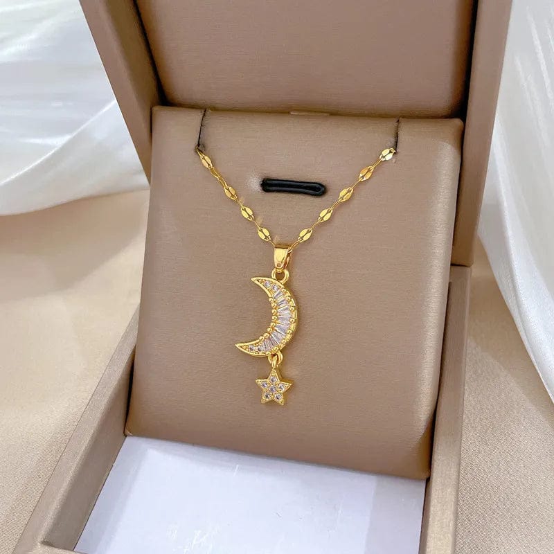 Showlu Star Moon Necklace with stainless steel snake chain, delicate celestial pendant for stylish clavicle jewelry.