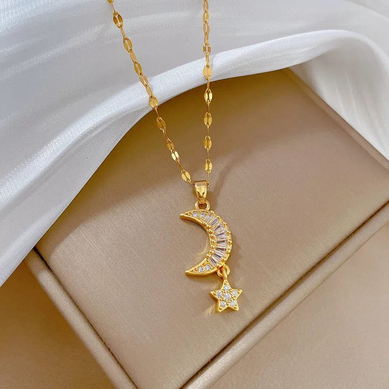 Showlu Star Moon necklace with stainless steel snake chain, elegant clavicle jewelry featuring a star and moon pendant.