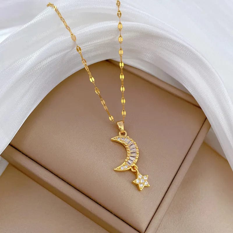 Showlu Star Moon Necklace with stainless steel snake chain, delicate clavicle jewelry featuring a star and moon pendant.