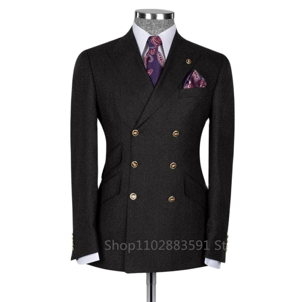 Showlu Men's slim fit blue peak lapel suit blazer made of cotton wool for formal events and weddings.