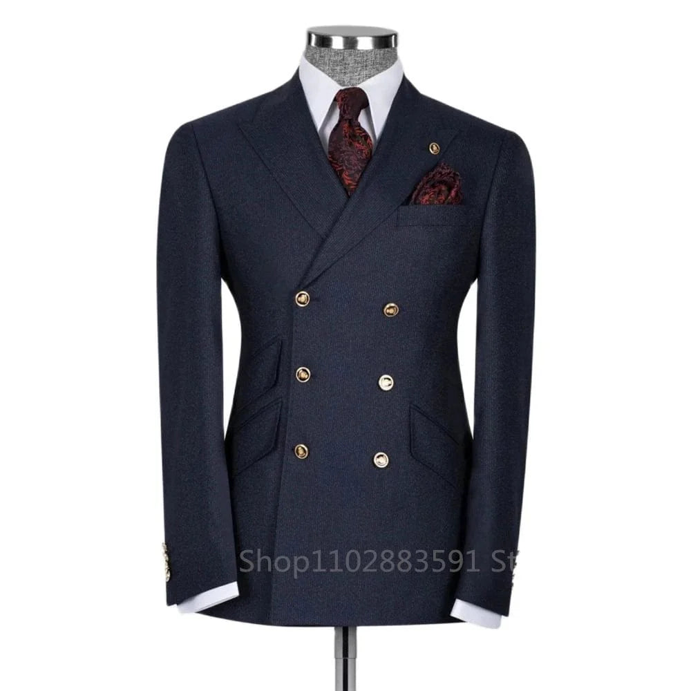 Showlu men's slim fit blue peak lapel suit blazer made of cotton wool, ideal for formal weddings and business attire.