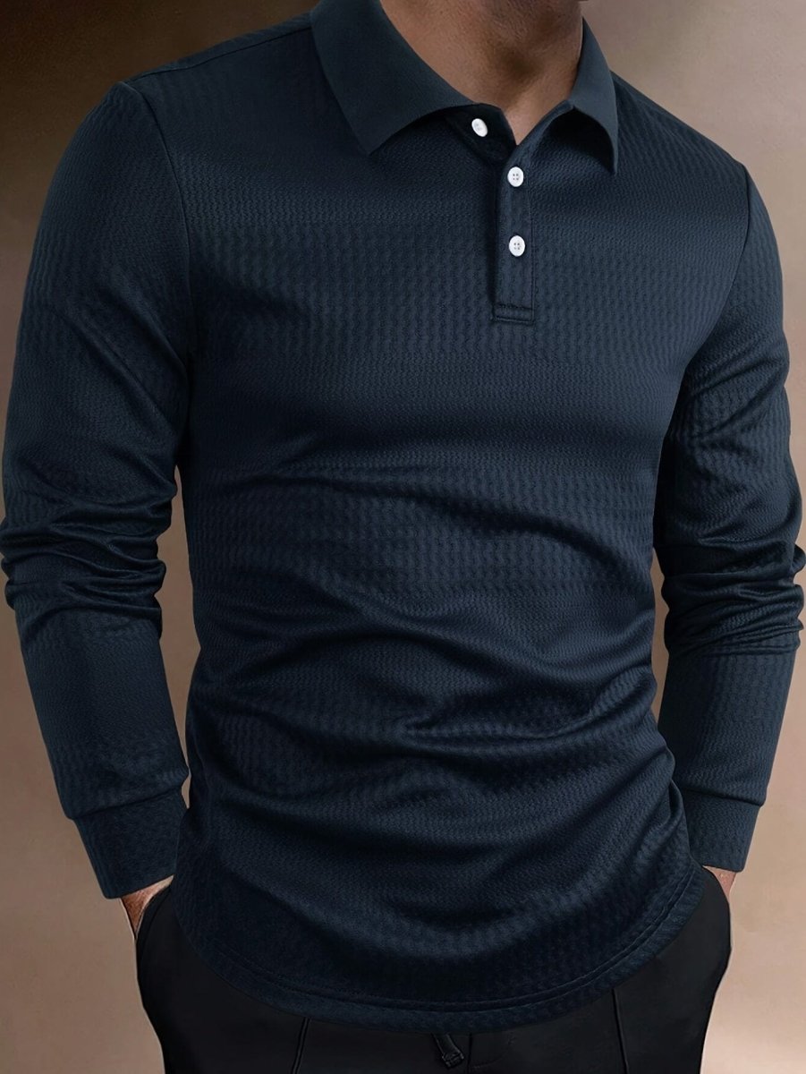 Men's cotton Henley shirt with long sleeves, knit lapel collar, soft textured fabric, ideal for casual and business wear in fall and winter.
