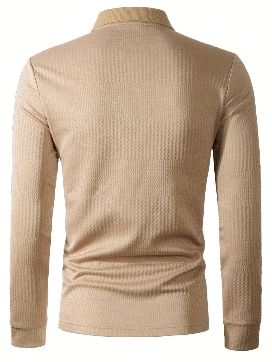 SHOWLU men's cotton henley shirt with long sleeves, knit lapel collar, soft textured fabric, ideal for casual and business wear.