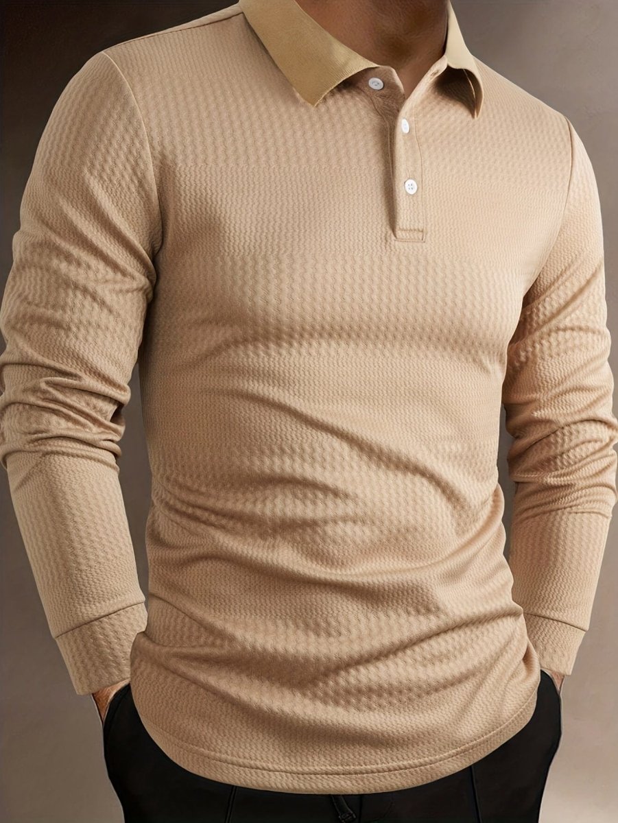 SHOWLU men's cotton Henley shirt with long sleeves, knit texture, lapel collar, casual and business style for fall and winter.
