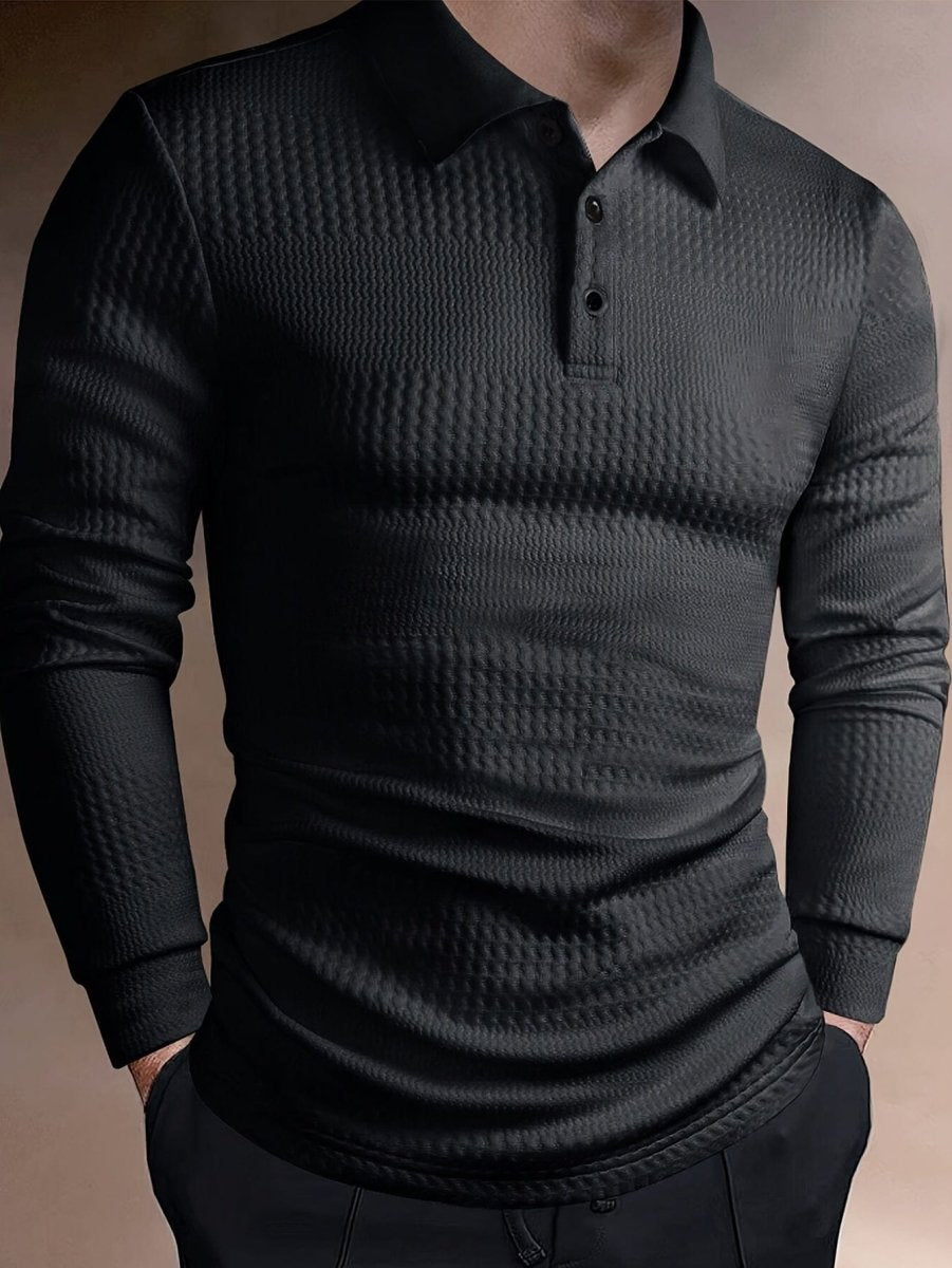 SHOWLU men's cotton Henley shirt with long sleeves, knit texture, lapel collar, ideal for casual or business fall and winter wear.
