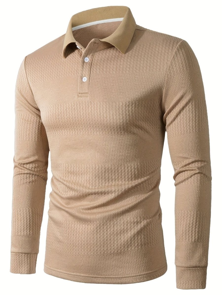 SHOWLU men's cotton Henley shirt with long sleeves, knit lapel collar, soft textured fabric, ideal for casual or business wear.