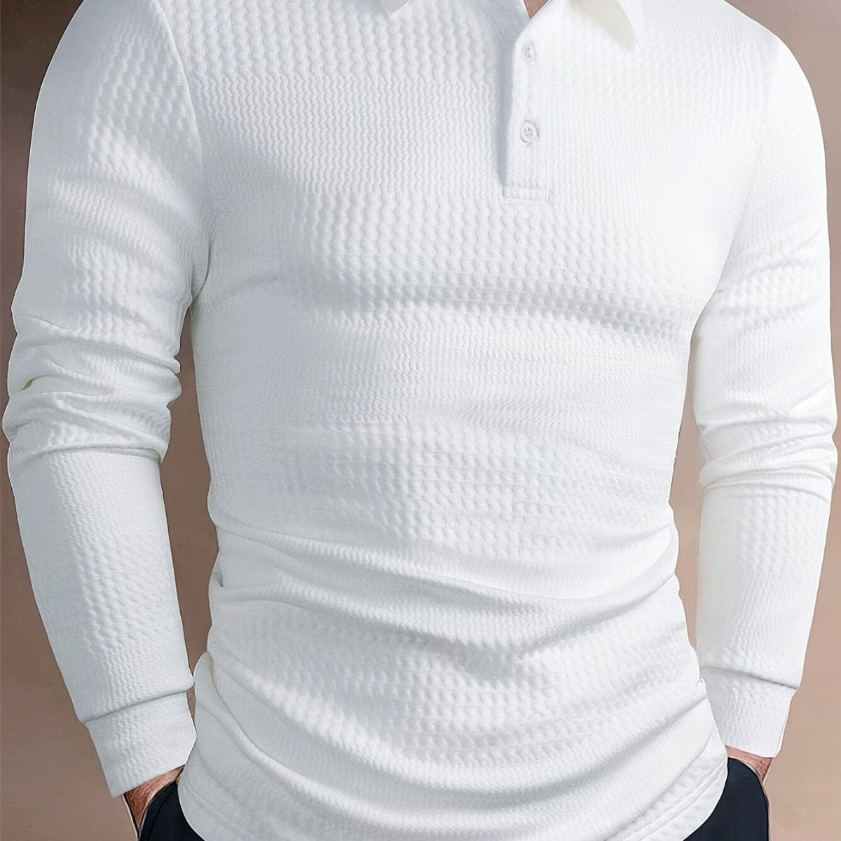 Men's SHOWLU cotton Henley shirt with long sleeves, knit texture, lapel collar, ideal for casual and business fall and winter wear.