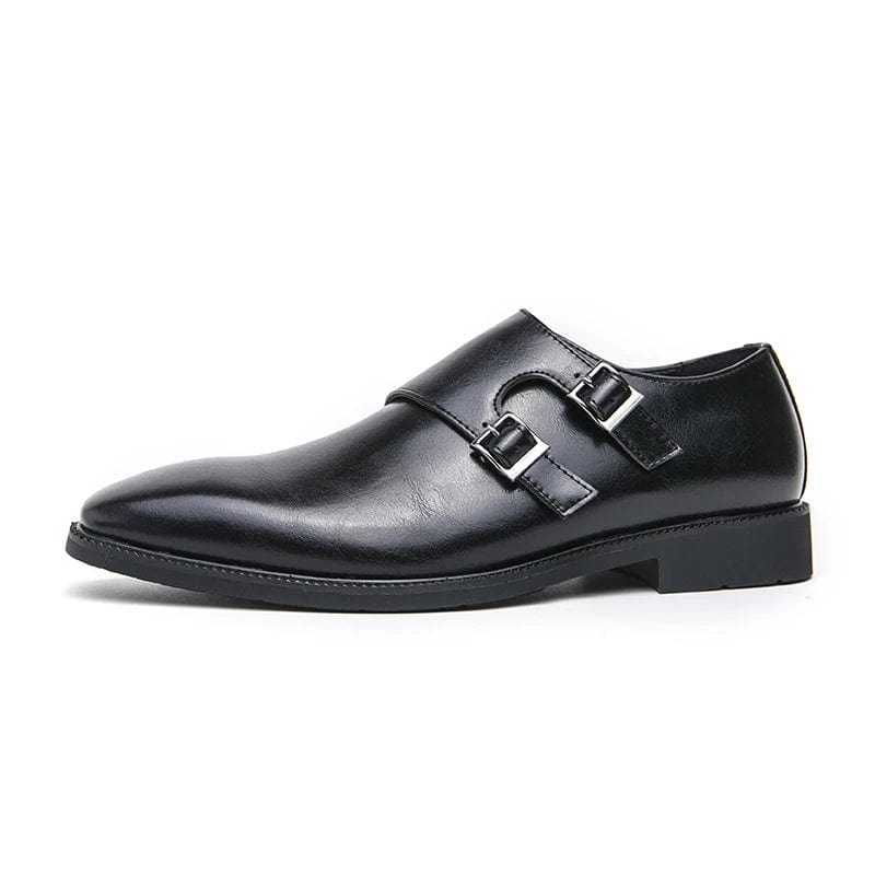 Men's black leather monk strap shoes with pointed toe and buckle, featuring a classic retro business oxford style.