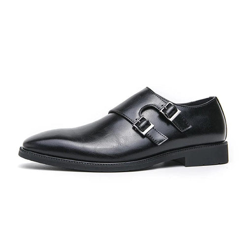 Men's black leather monk strap shoes with pointed toe and buckle, featuring a classic retro business oxford style.