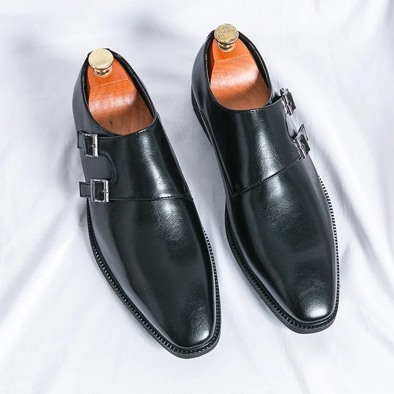 Men's leather monk strap shoes with pointed toe and buckle, classic business oxford style for office or formal occasions.