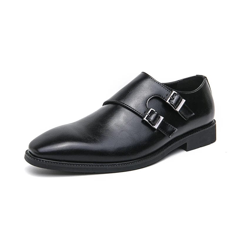 Men's monk strap leather shoes with pointed toe and buckle, classic retro design, suitable for business and formal occasions.