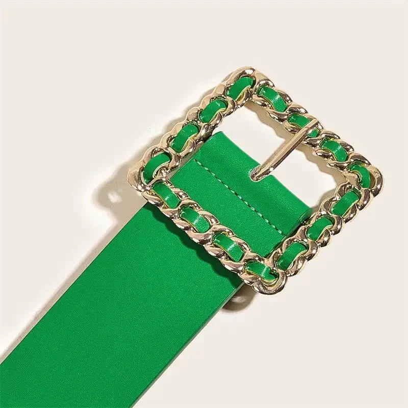 Retro green PU leather belt with round buckle, casual style for denim jeans and autumn winter outfits.