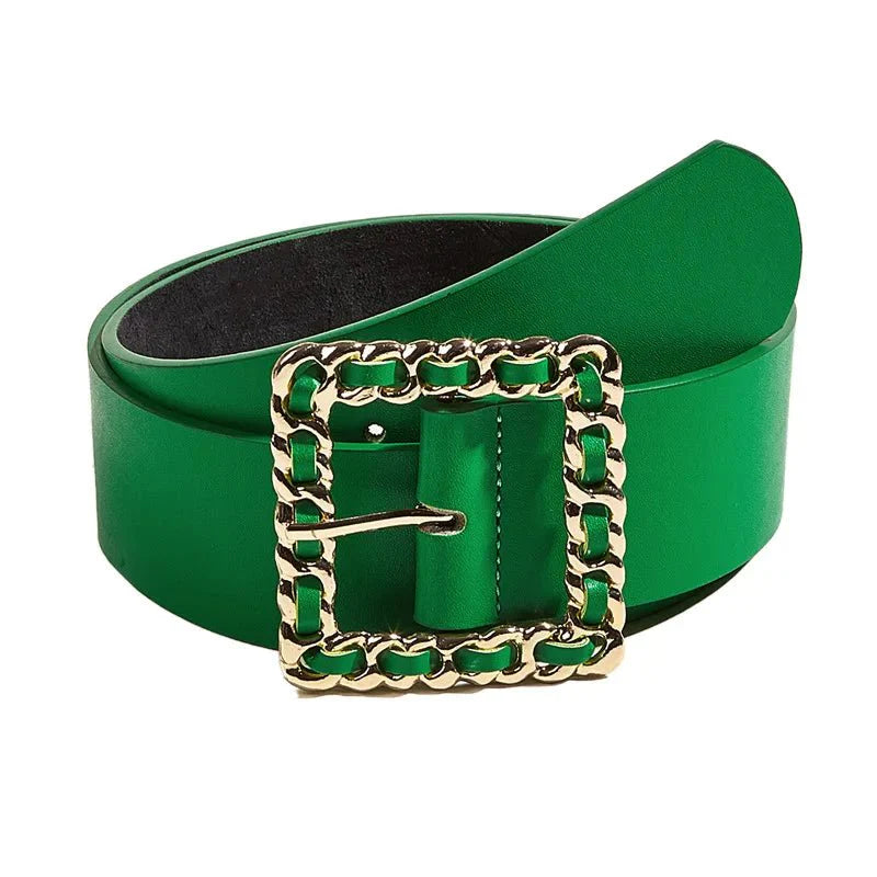 Retro green PU leather belt with round buckle, perfect for denim jeans and casual autumn winter fashion by SHOWLU FASHION STORE.