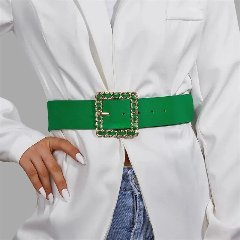 Retro green PU leather belt with round buckle, casual fashion accessory for denim jeans and dresses, by SHOWLU FASHION STORE.