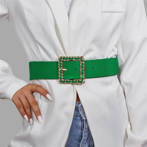 Retro green PU leather belt with round buckle, casual fashion accessory for denim jeans and dresses, by SHOWLU FASHION STORE.