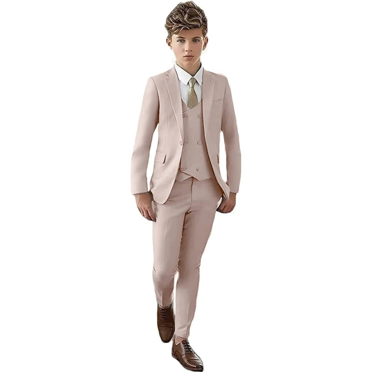 Showlu Boys 3-piece slim fit formal suit with paisley tuxedo blazer, vest, and pants, stylish kids' outfit for special occasions.