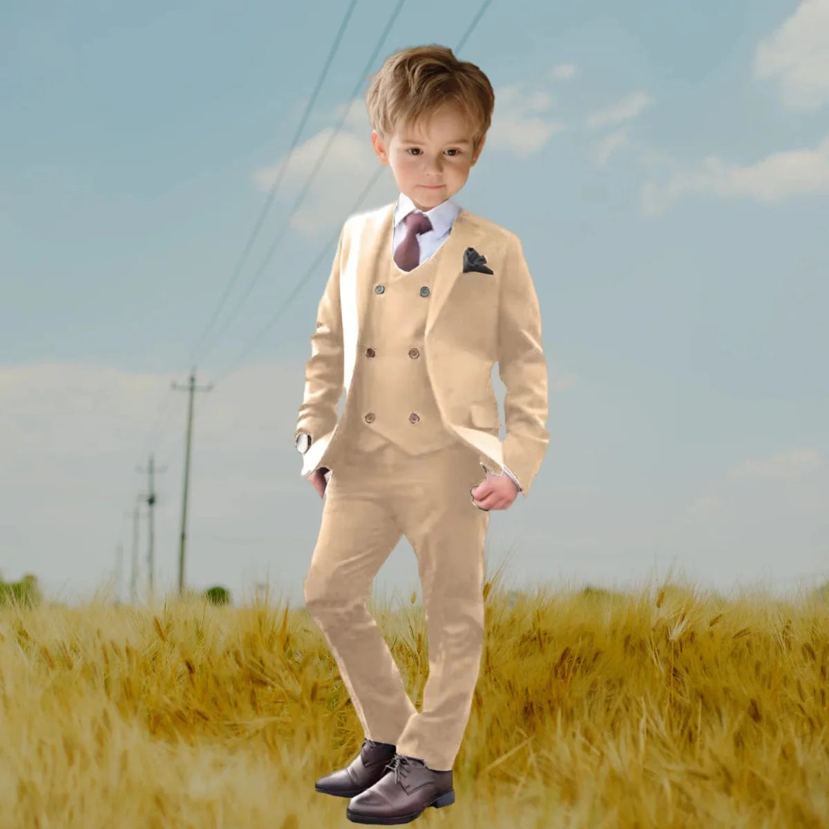Showlu Boys 3-piece slim fit formal suit with paisley tuxedo blazer, vest, and pants, stylish kids' party formal outfit.