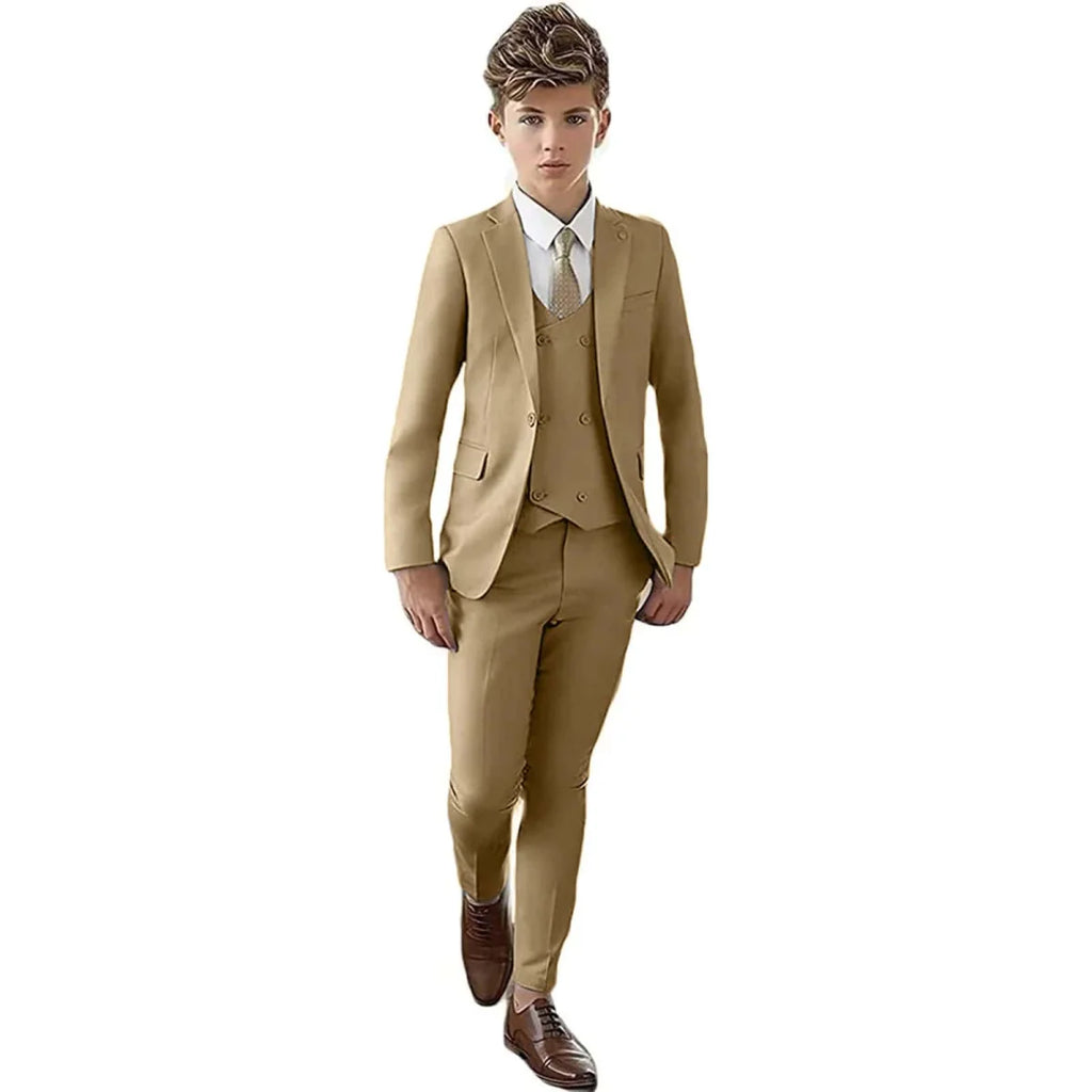 Showlu Boys 3-Piece Slim Fit Formal Suit with paisley blazer, vest, and pants, perfect for kids' parties and special occasions.