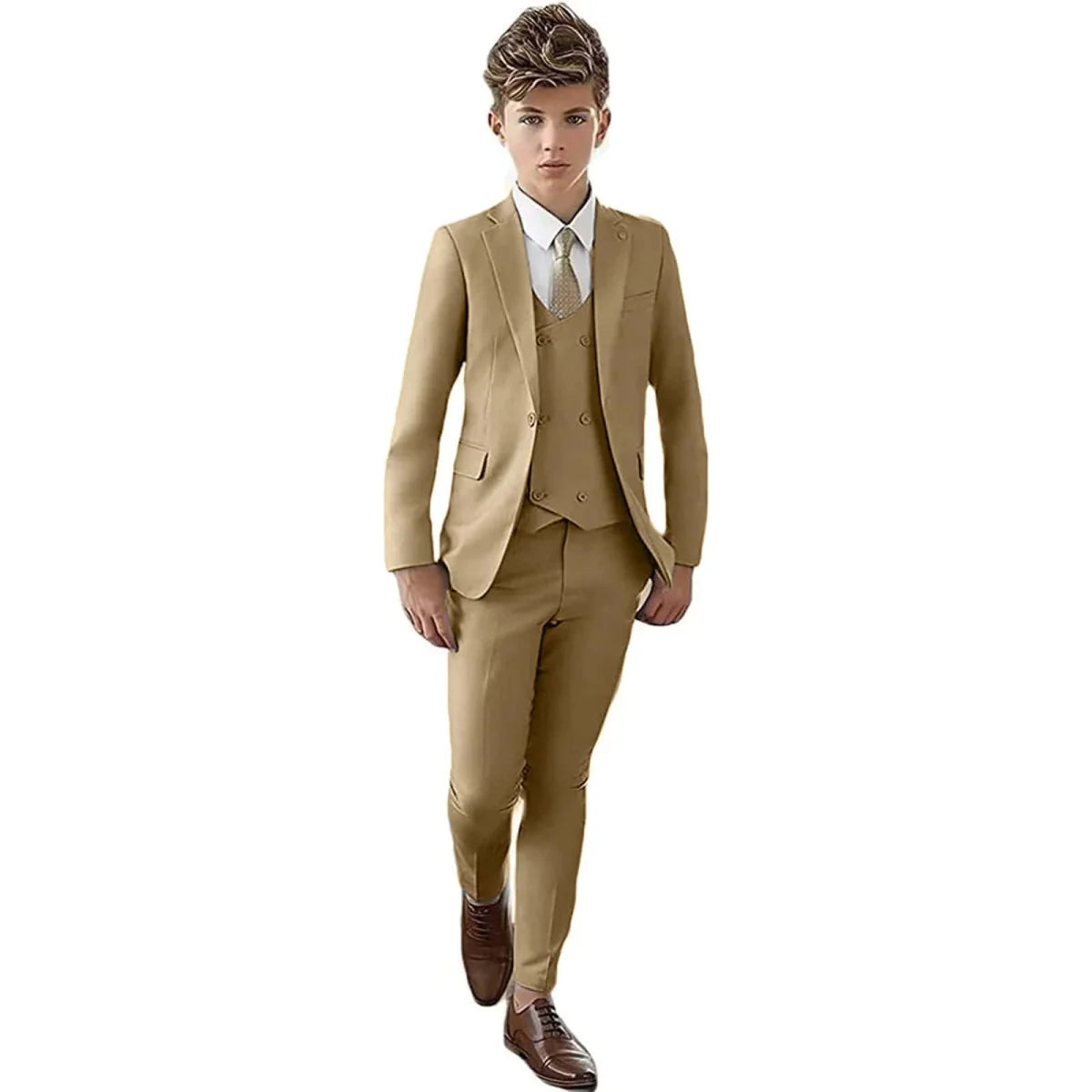 Showlu Boys 3-Piece Slim Fit Formal Suit with paisley blazer, vest, and pants, perfect for kids' parties and special occasions.