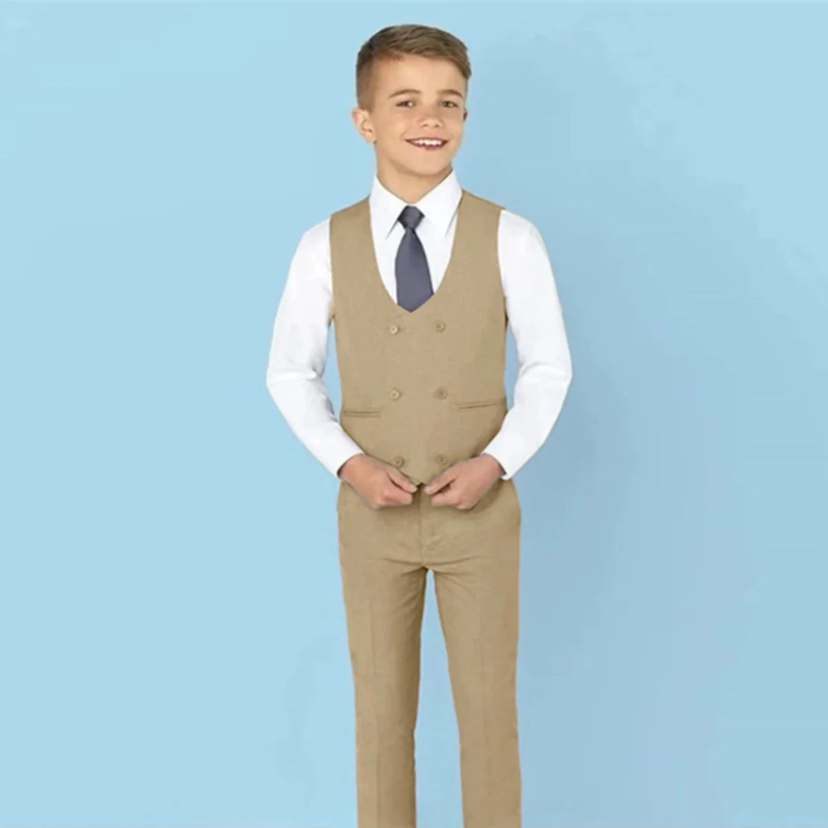 Showlu Boys 3-piece slim fit formal suit with paisley blazer, vest, and pants, perfect for kids' parties and special occasions.
