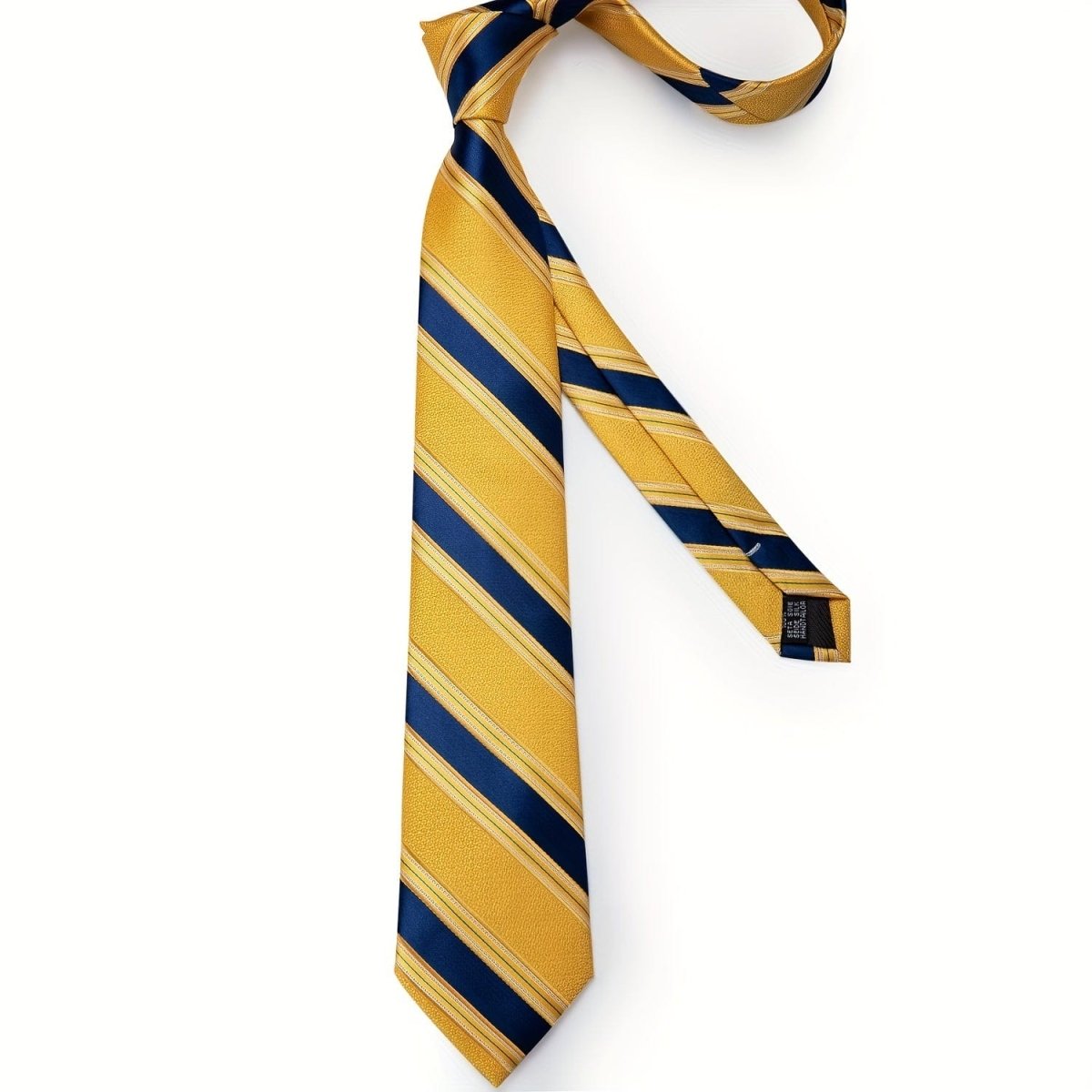 Blue and yellow striped woven tie set for men with matching hanky and cufflinks, stylish and suitable for business or gift use.