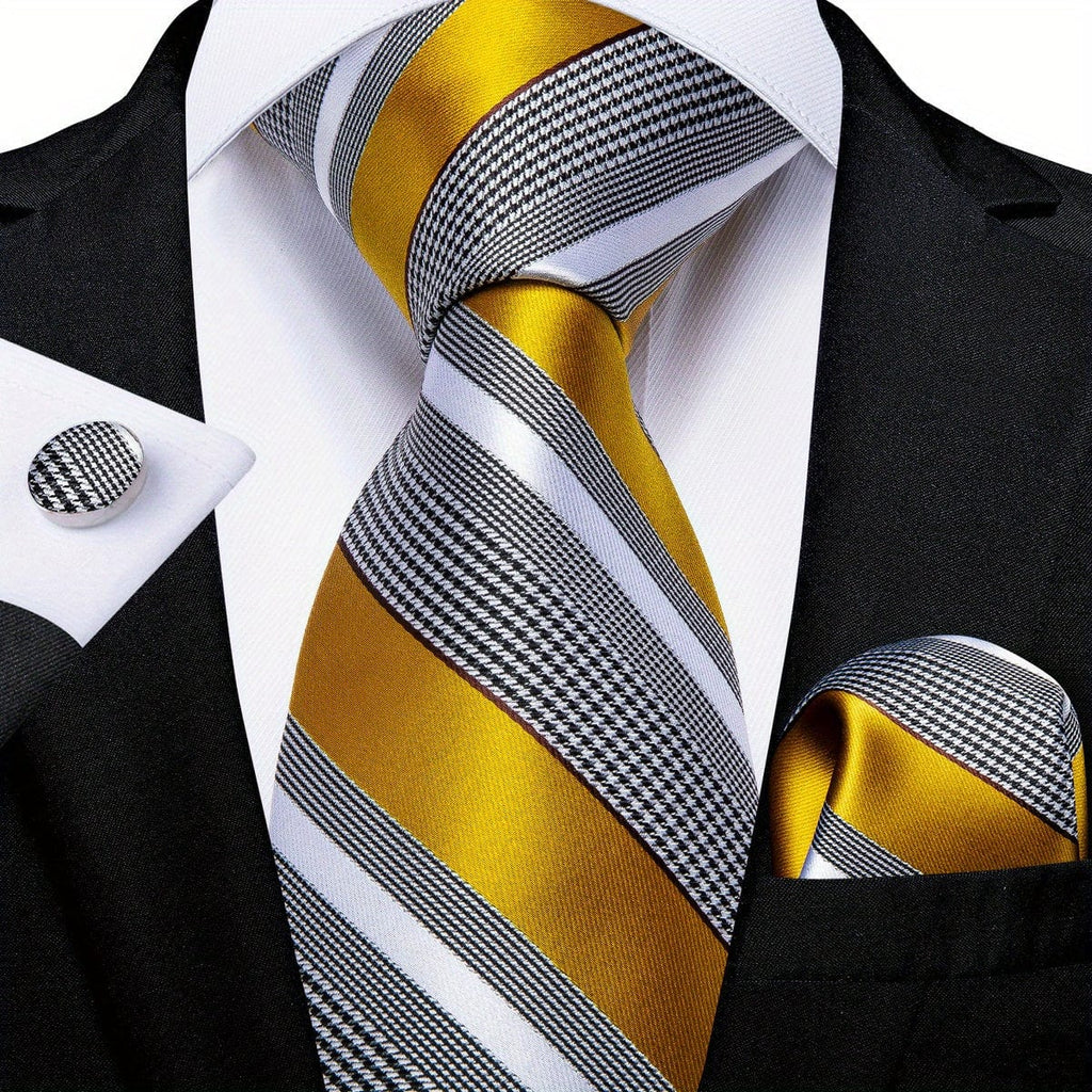 Blue and yellow striped woven tie set for men with matching hanky and cufflinks, ideal for business or gift occasions.