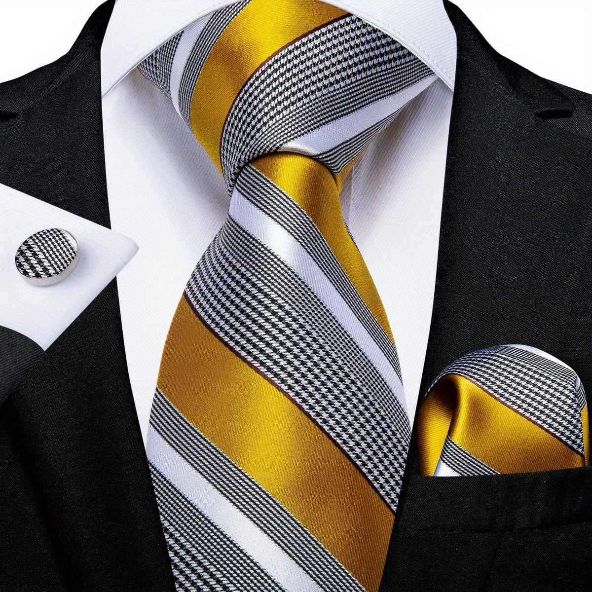 Blue and yellow striped woven tie set for men with matching hanky and cufflinks, ideal for business or gift occasions.