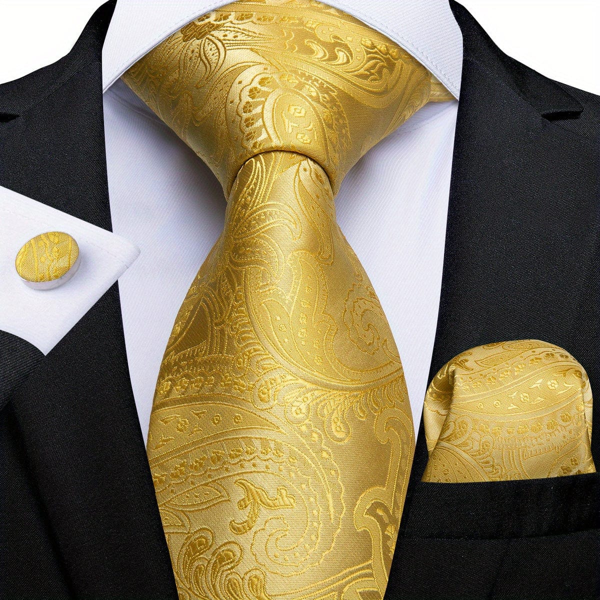 Blue and yellow striped woven tie set for men, includes cufflinks and handkerchief, stylish business accessory from SHOWLU FASHION STORE.