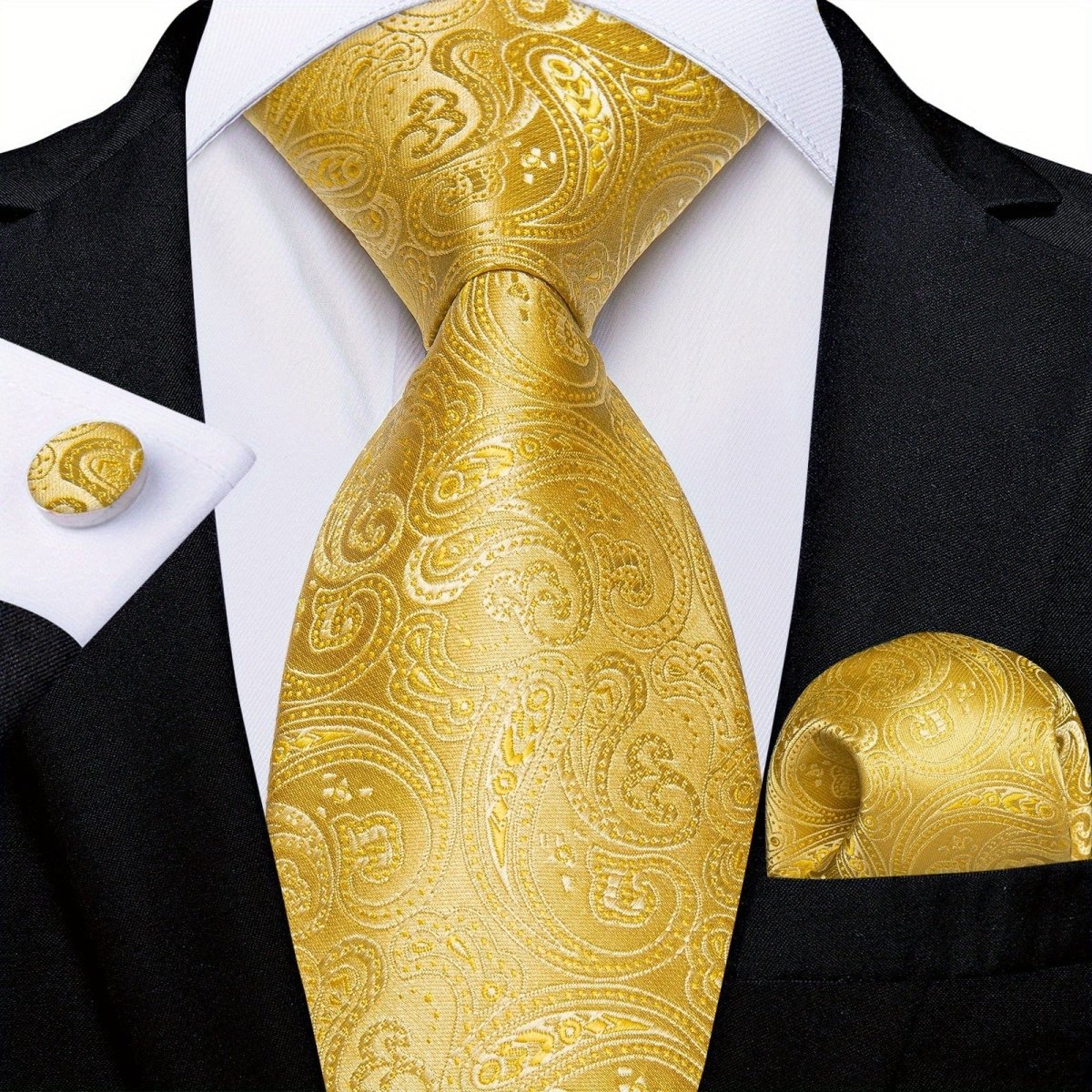 Blue and yellow striped woven tie set for men with matching hanky and cufflinks, ideal for business and formal occasions.