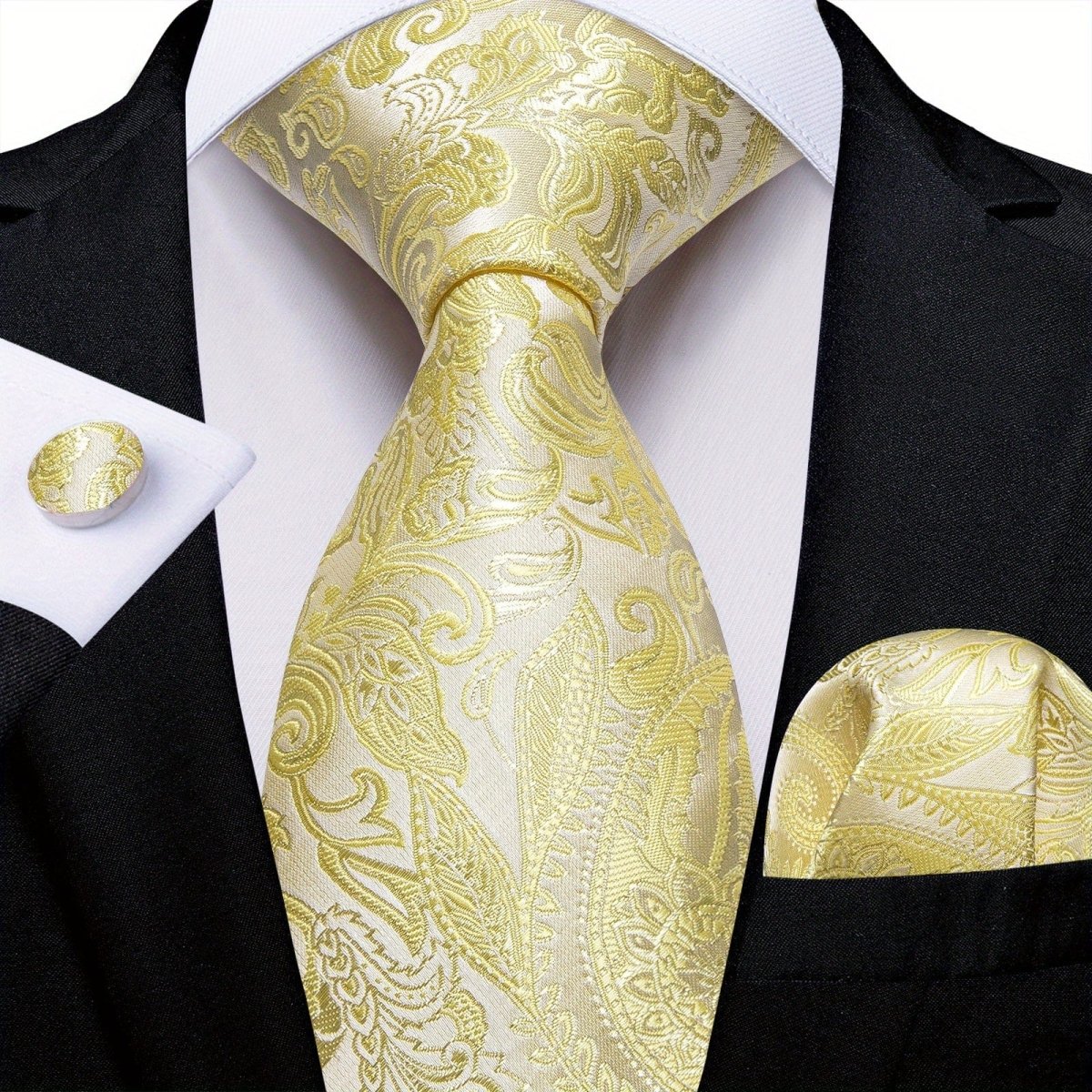 Blue and yellow striped woven tie set for men with matching handkerchief and cufflinks, ideal for business and gift occasions.