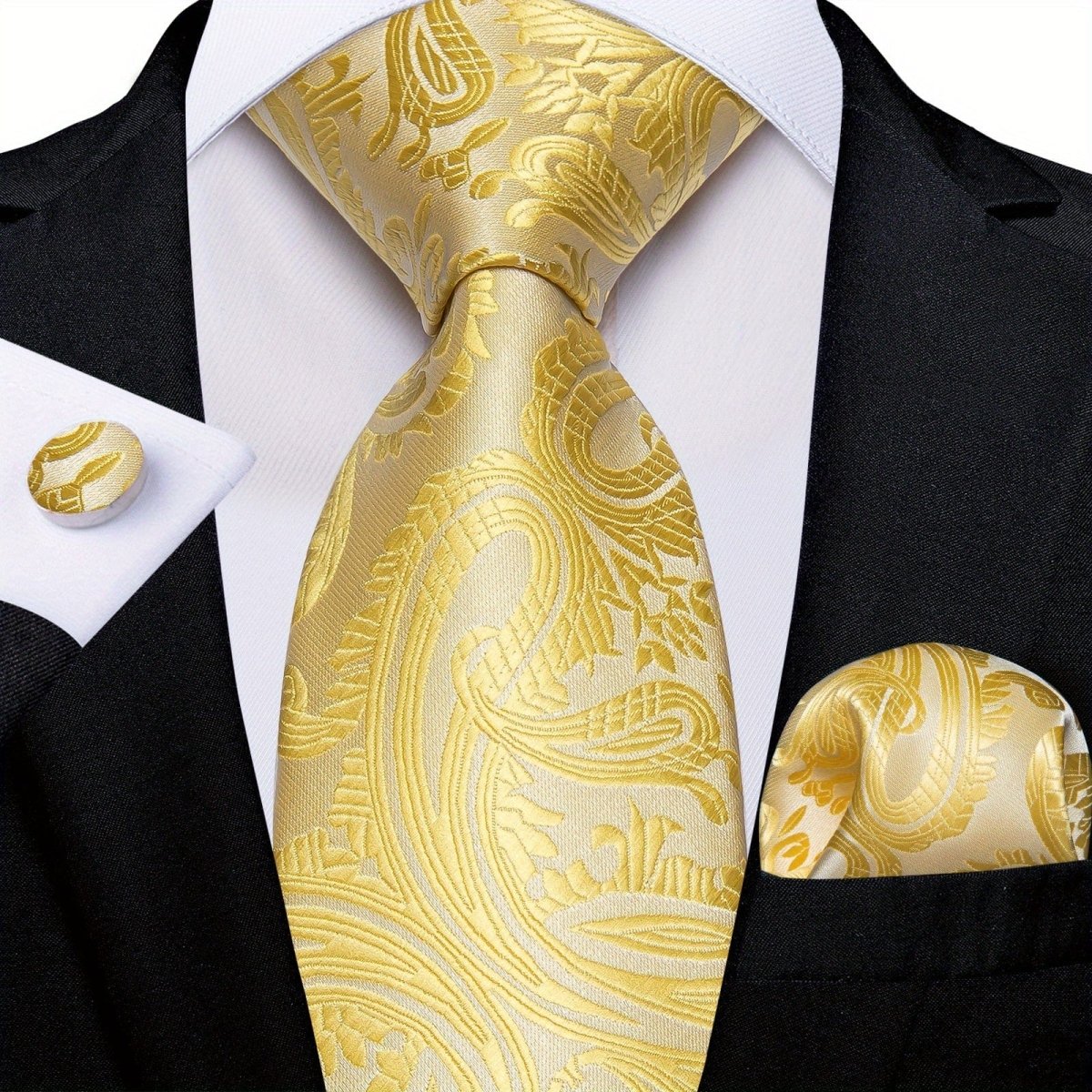 Blue and yellow striped woven tie set with matching hanky and cufflinks, stylish men's business accessory for formal occasions