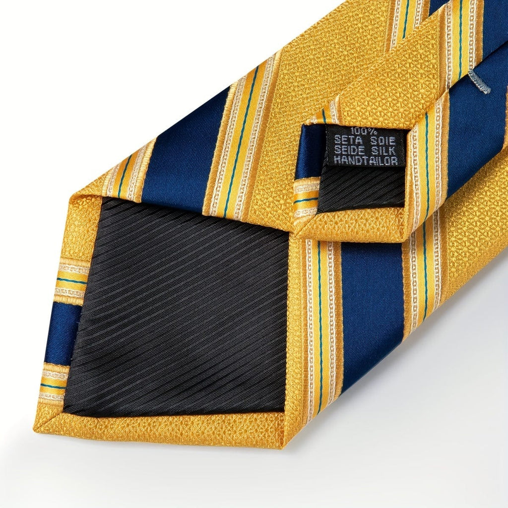 Blue and yellow striped woven tie set for men with matching hanky and cufflinks, perfect for business and formal occasions.