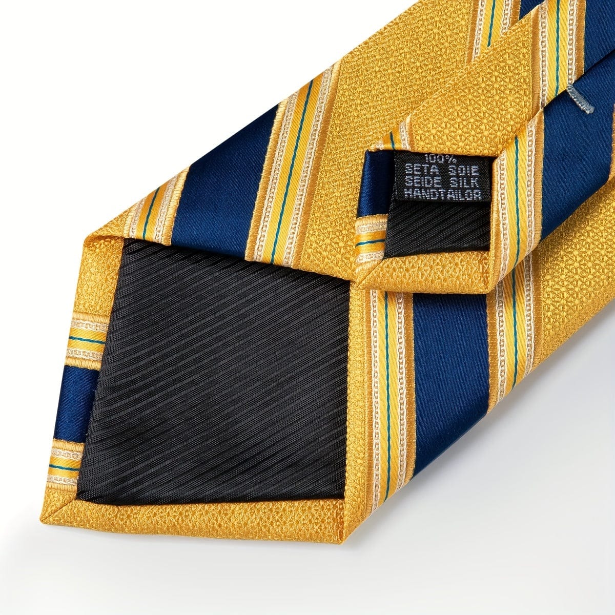 Blue and yellow striped woven tie set for men with matching hanky and cufflinks, perfect for business and formal occasions.