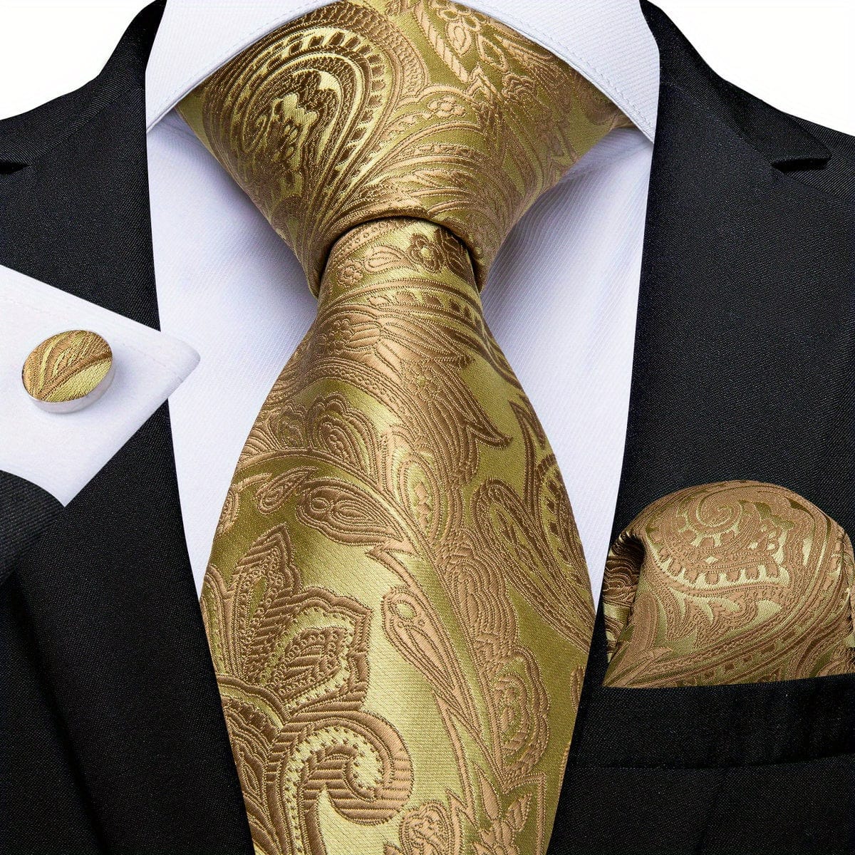 Blue and yellow striped woven tie set for men with matching hanky and cufflinks, ideal for business and formal occasions.