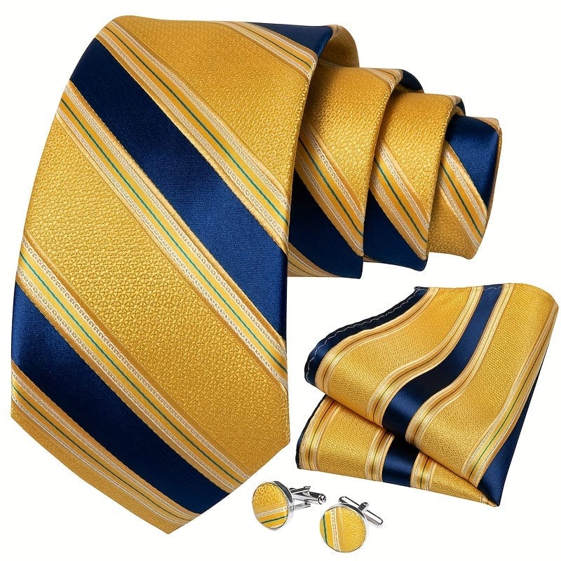 Blue and yellow striped woven tie set for men with matching hanky and cufflinks, ideal for business and gift occasions.