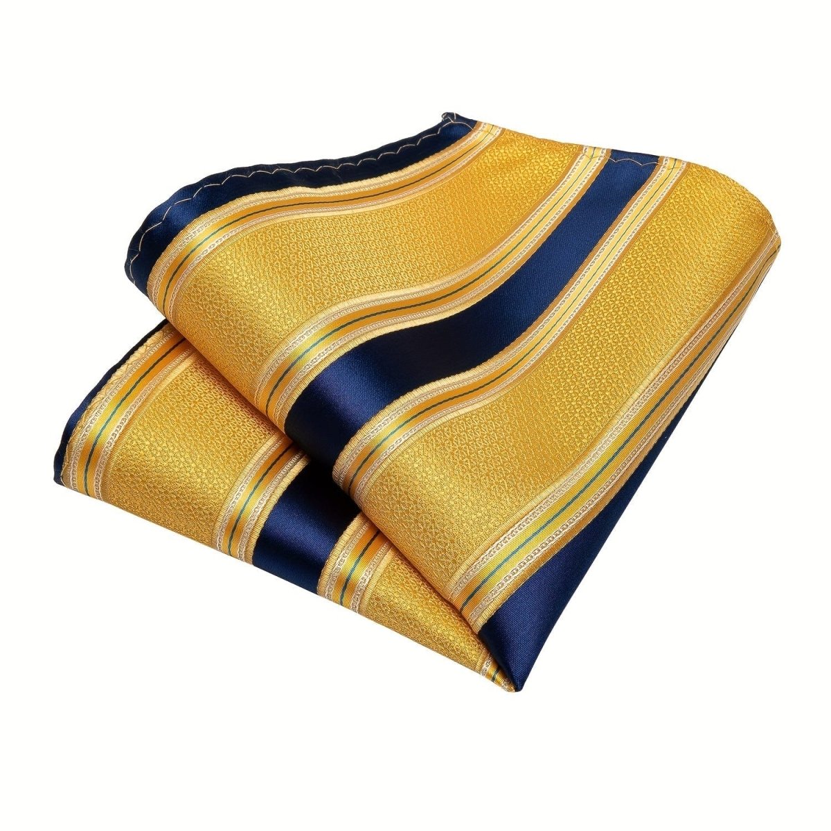 Blue and yellow striped woven tie set for men including cufflinks and hanky, perfect for business and formal occasions.