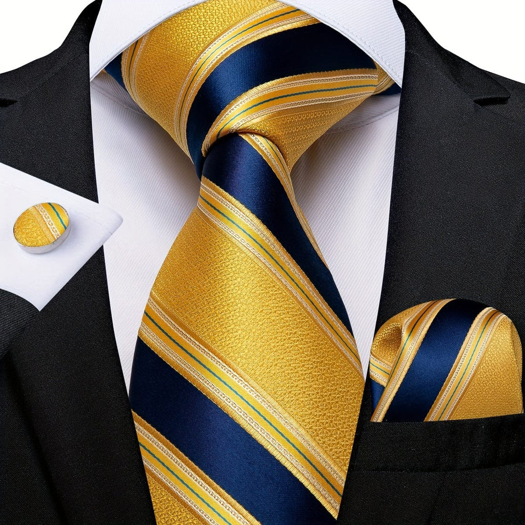 Blue and yellow striped woven tie set for men with matching hanky and cufflinks, perfect for business and formal occasions.