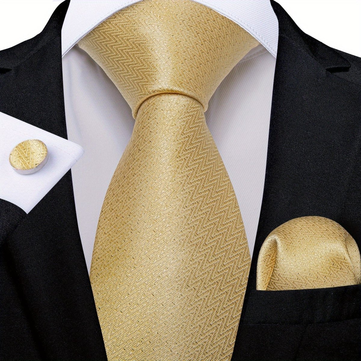 Blue and yellow striped woven tie set for men with matching hanky and cufflinks, perfect for business or gift occasions.