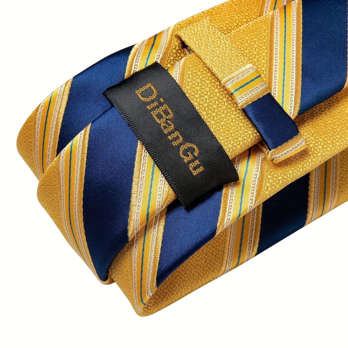 Blue and yellow striped woven tie set for men with matching hanky and cufflinks, stylish business accessory.
