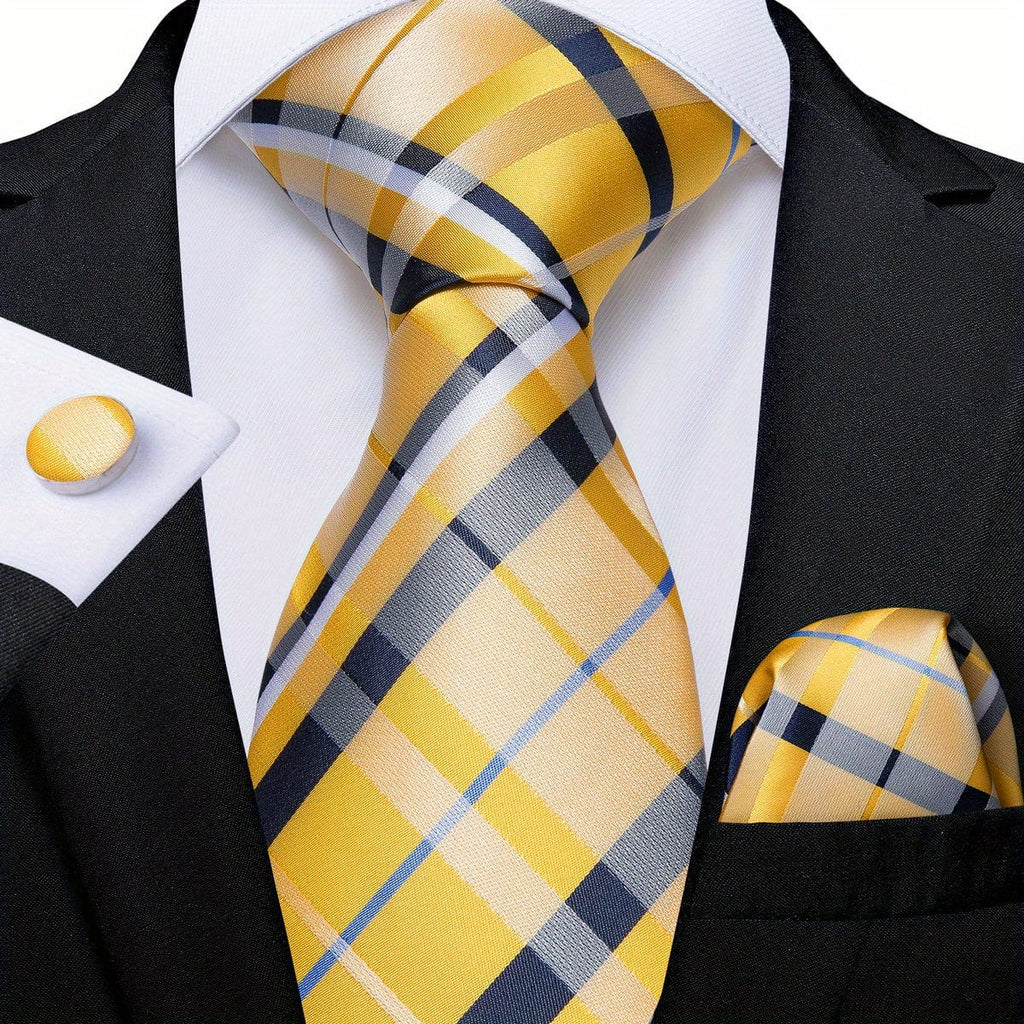 Blue and yellow striped woven tie set for men with matching hanky and cufflinks, perfect for business or gift occasions
