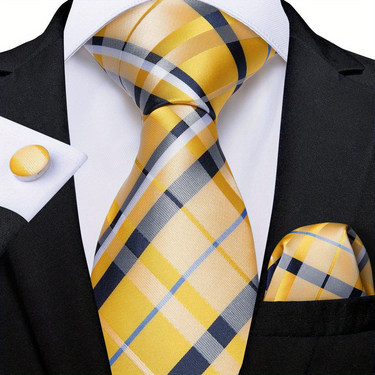 Blue and yellow striped woven tie set for men with matching hanky and cufflinks, perfect for business or gift occasions