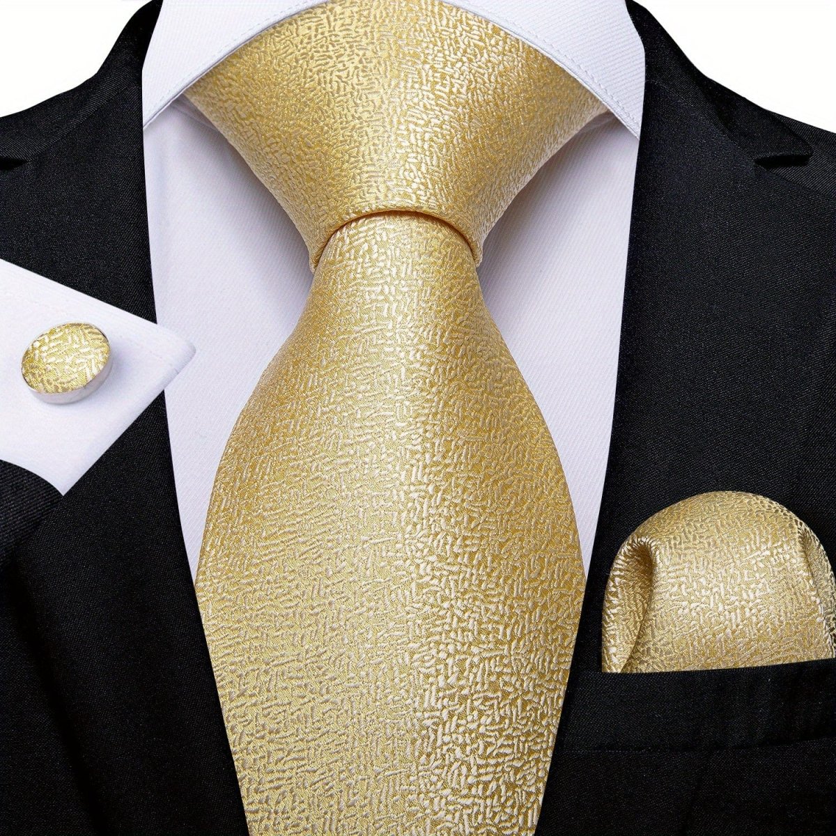 Blue and yellow striped woven tie set with matching hanky and cufflinks, stylish men's business accessory for formal occasions