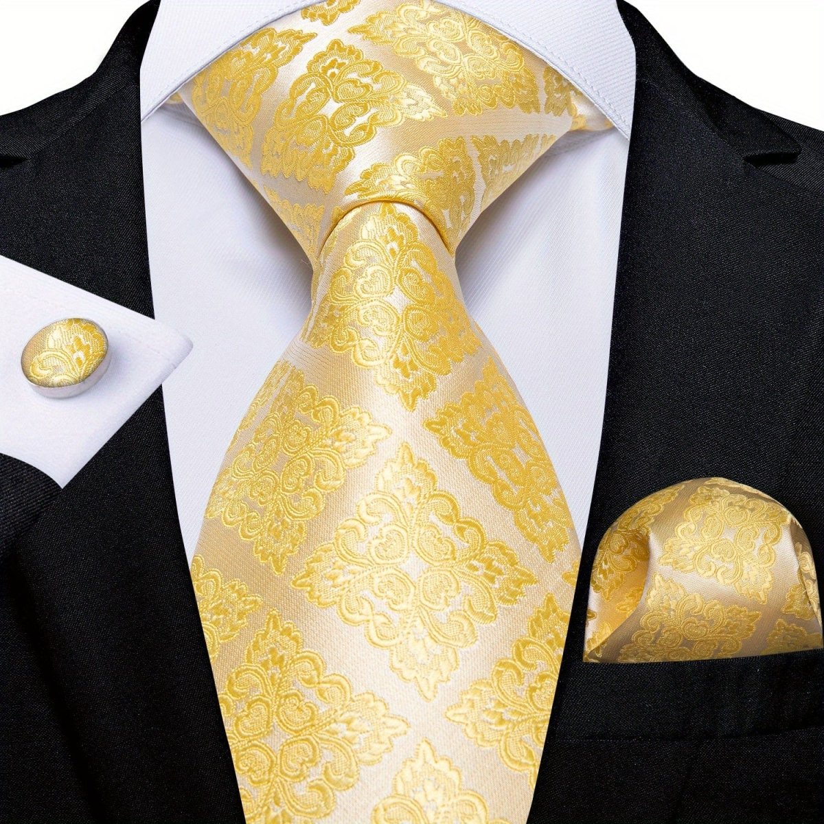 Blue and yellow striped woven tie set with matching hanky and cufflinks, featuring classic pattern for men's business wear.