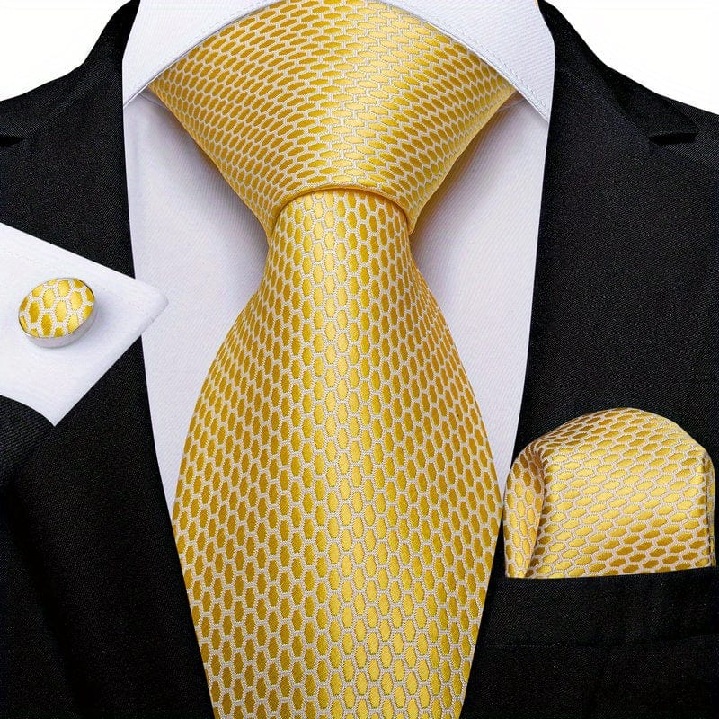 Blue and yellow striped woven tie set for men with matching hanky and cufflinks, ideal for business or gift occasions.
