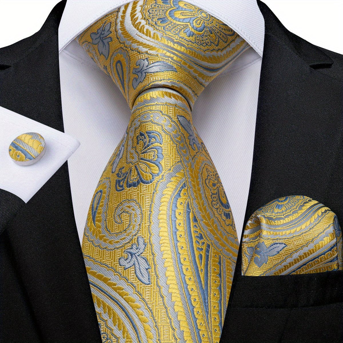Blue and yellow striped woven tie set for men with matching hanky and cufflinks, stylish business accessory from SHOWLU FASHION STORE.