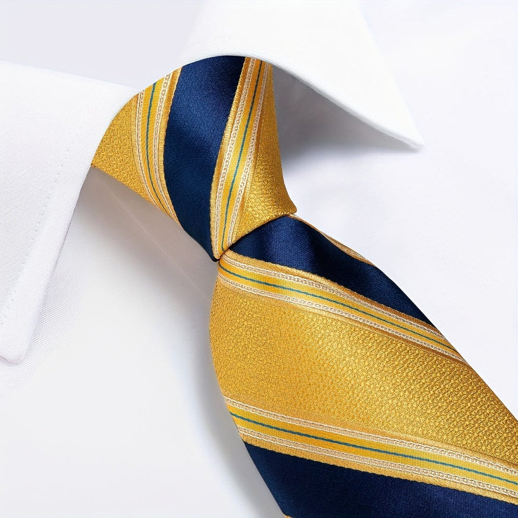 Blue and yellow striped woven tie set for men with matching hanky and cufflinks, ideal for business or gift occasions.