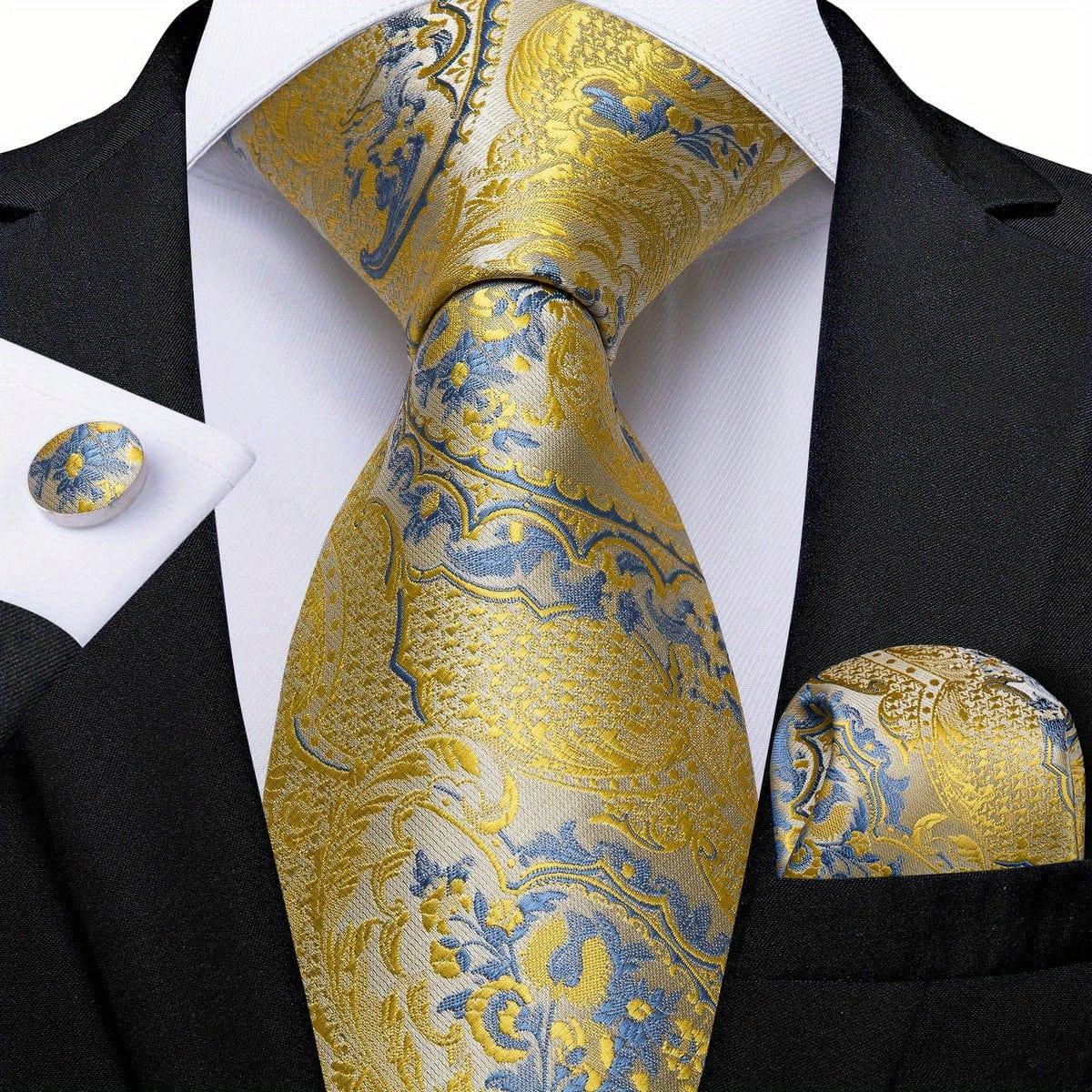 Blue and yellow striped woven tie set for men with matching hanky and cufflinks, suitable for business and formal occasions.