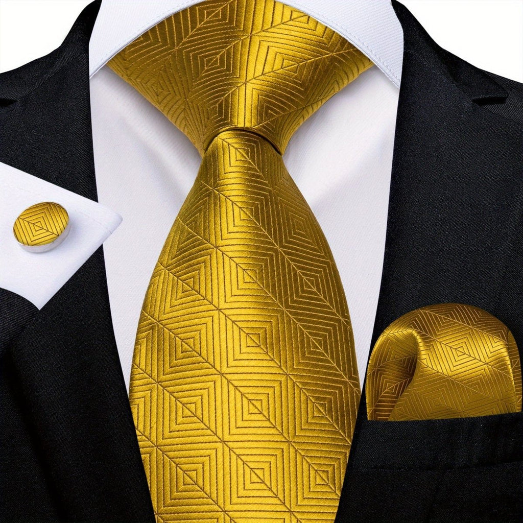 Blue and yellow striped woven tie set for men with matching hanky and cufflinks, ideal for business or gift occasions.